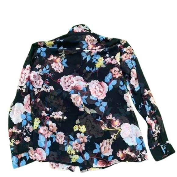 Guess Ladies Floral Mesh Shirt Long Sleeve Blouse Black Sz 8 Summer Button Down - Picture 3 of 7
